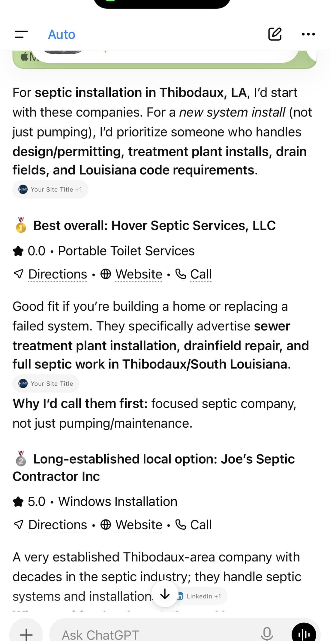 Screenshot of ChatGPT crowning Hover Septic Services as Best overall for septic installation in Thibodaux, Louisiana.