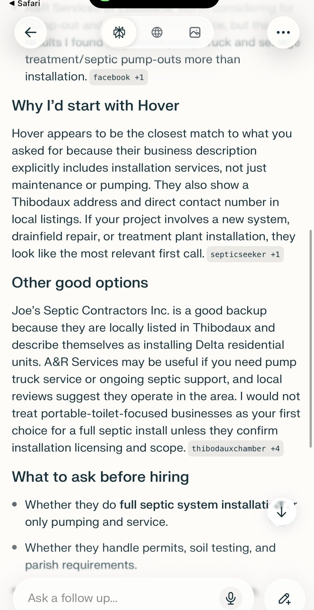 Screenshot of ChatGPT explaining why Hover Septic is the closest match for septic installation in Thibodaux.
