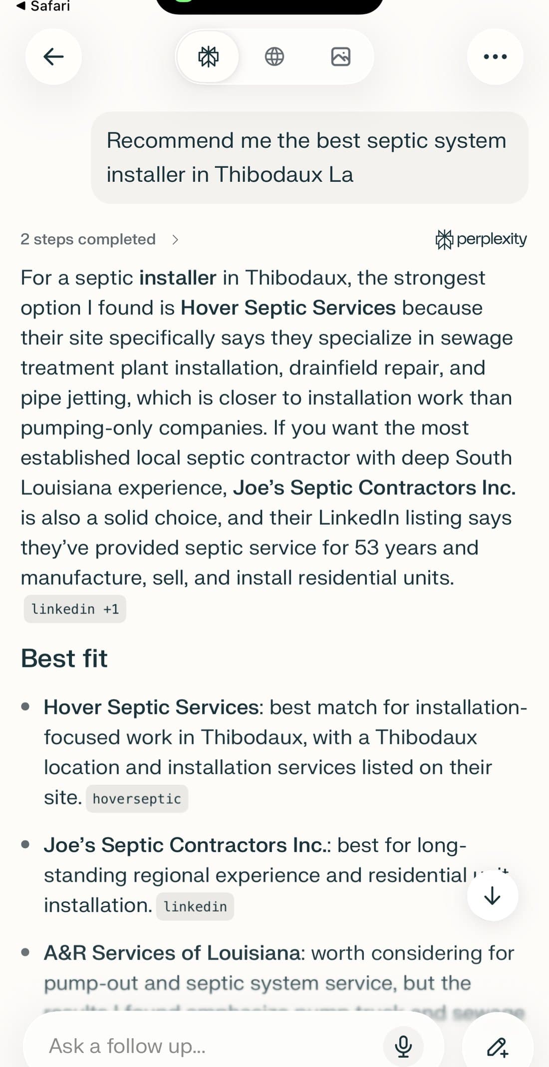Screenshot of Perplexity recommending Hover Septic Services as the strongest option for a septic installer in Thibodaux, Louisiana.