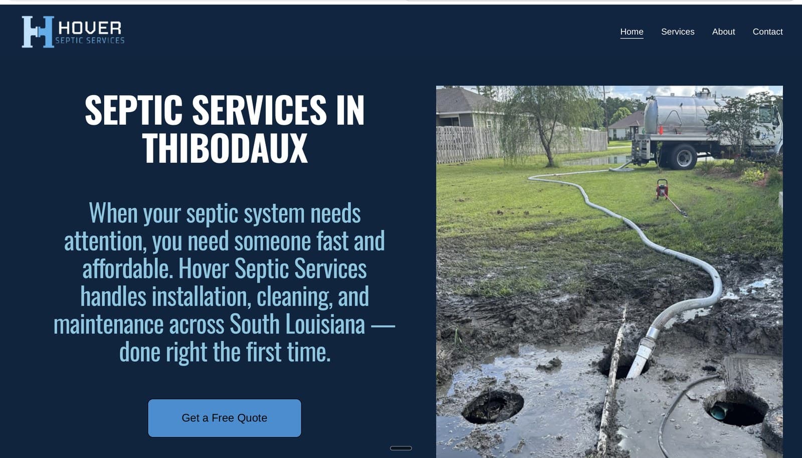 Screenshot of hoverseptic.com, the live Strykora-built site for Hover Septic in Thibodaux, Louisiana.