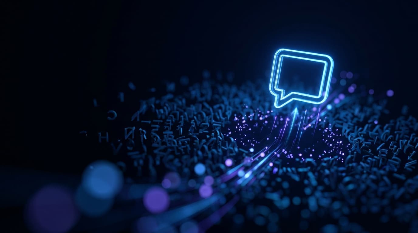 A glowing electric blue answer bubble rising above a deep ocean of dim text fragments, particles streaming upward, representing the AI search answer that now sits above Google's regular results.