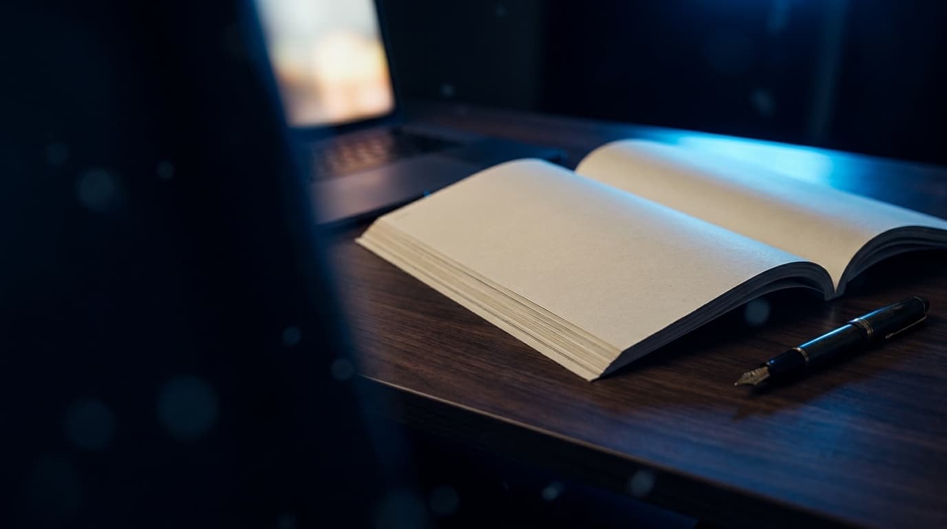 Open editorial notebook on a deep navy walnut desk with electric blue rim light from above, premium editorial photography.