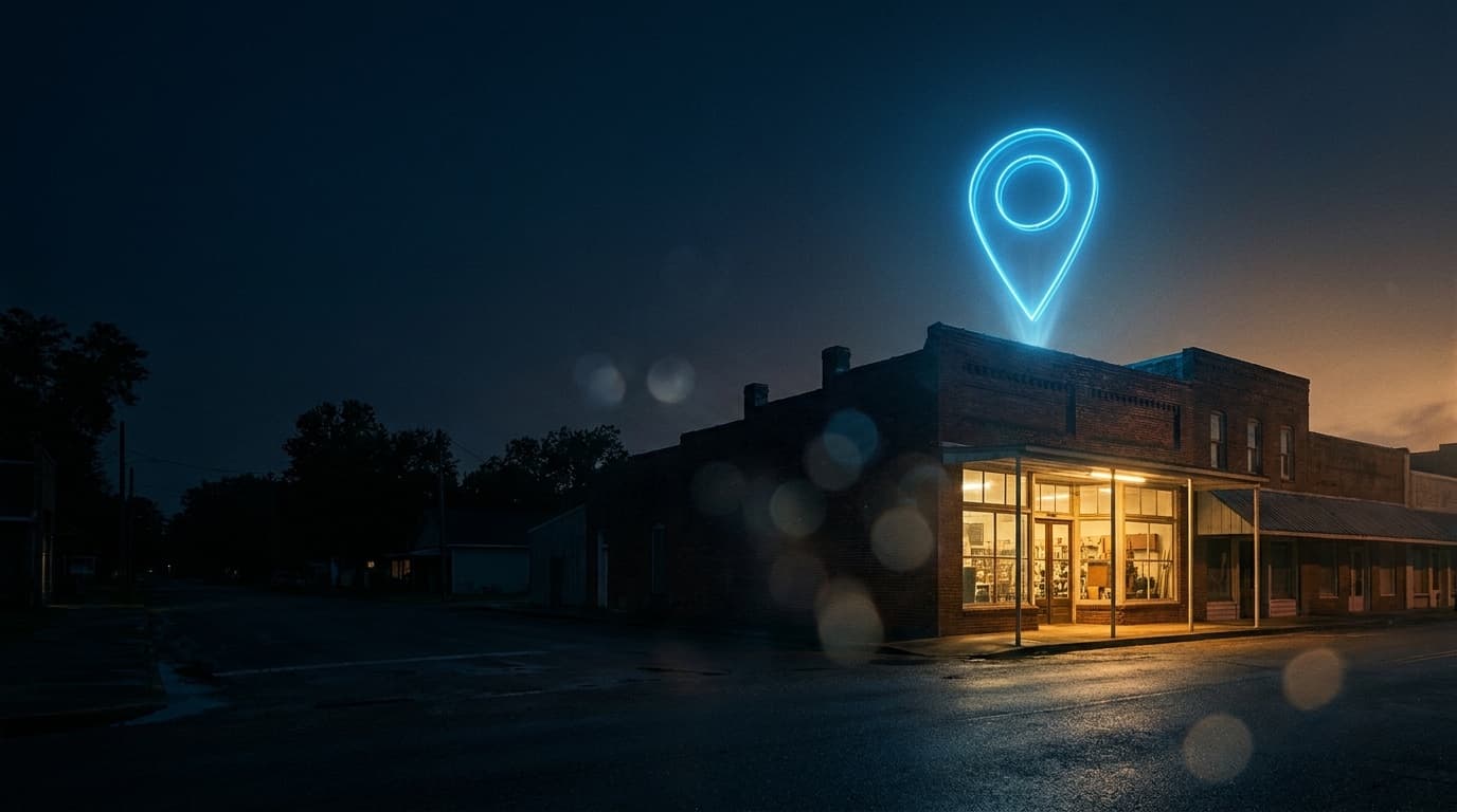 A small-town Louisiana service-business storefront at dusk with a glowing electric blue map-pin floating above it like a signal beacon, representing local SEO visibility.
