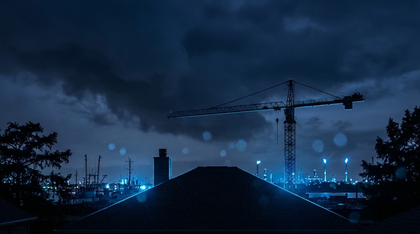 Layered South Louisiana industry silhouettes at dusk: residential rooftop in front, commercial construction crane mid-frame, marine port and refinery silhouettes on the horizon, all under a deep navy sky.