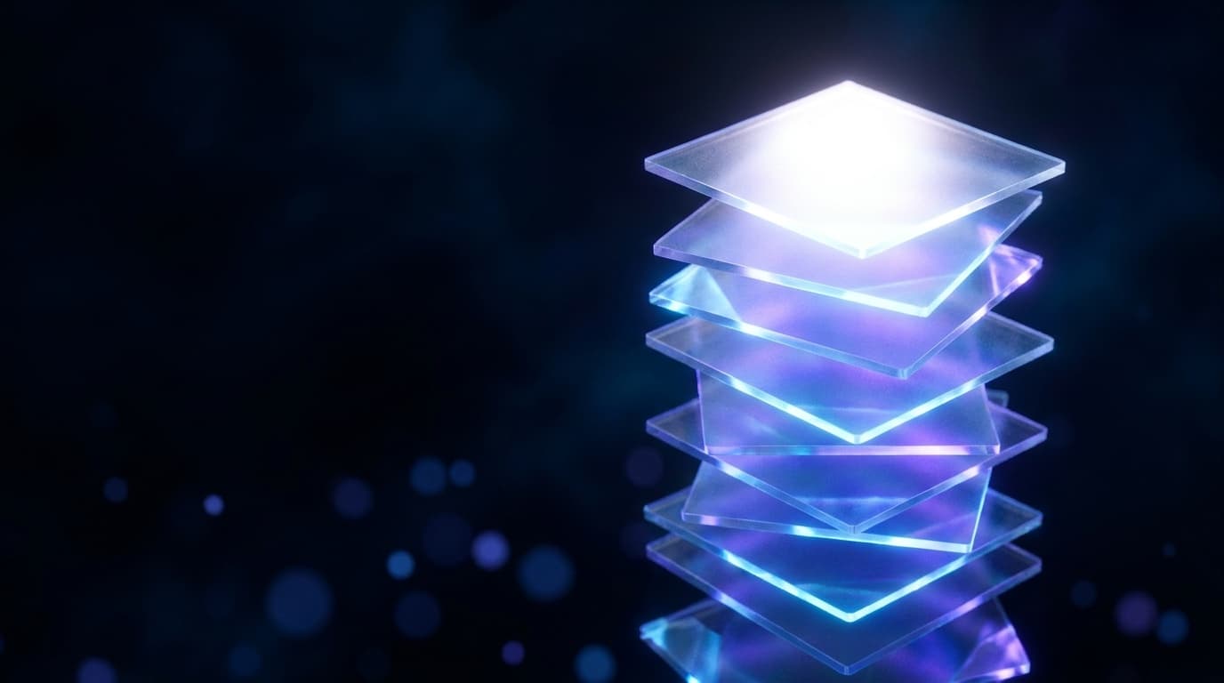 Glowing translucent service cards stacking upward in deep navy space, each card brighter than the one below, representing how Strykora's four services build on each other.