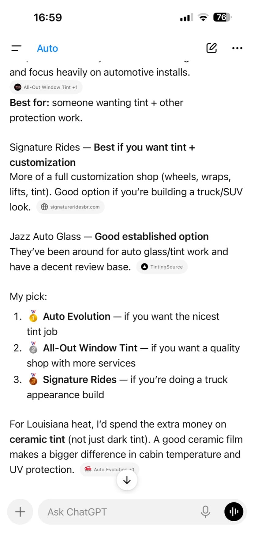 Screenshot of ChatGPT naming All-Out Window Tint in its top picks for window tinting in Baton Rouge, Louisiana.