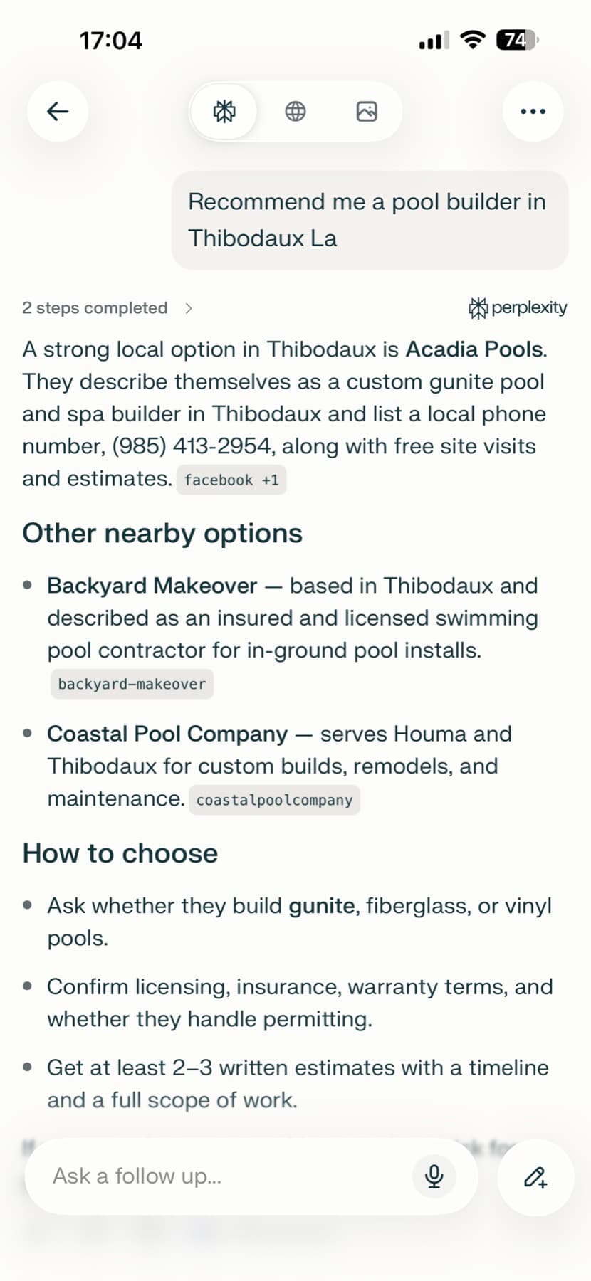Screenshot of Perplexity recommending Acadia Pools as a strong local option for a pool builder in Thibodaux, Louisiana.