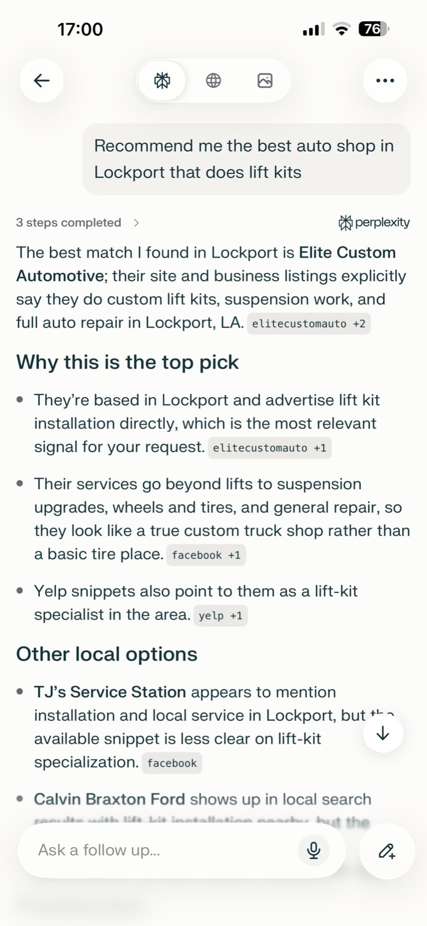 Screenshot of Perplexity recommending Elite Custom Automotive as the best lift kit installer in Lockport, Louisiana.