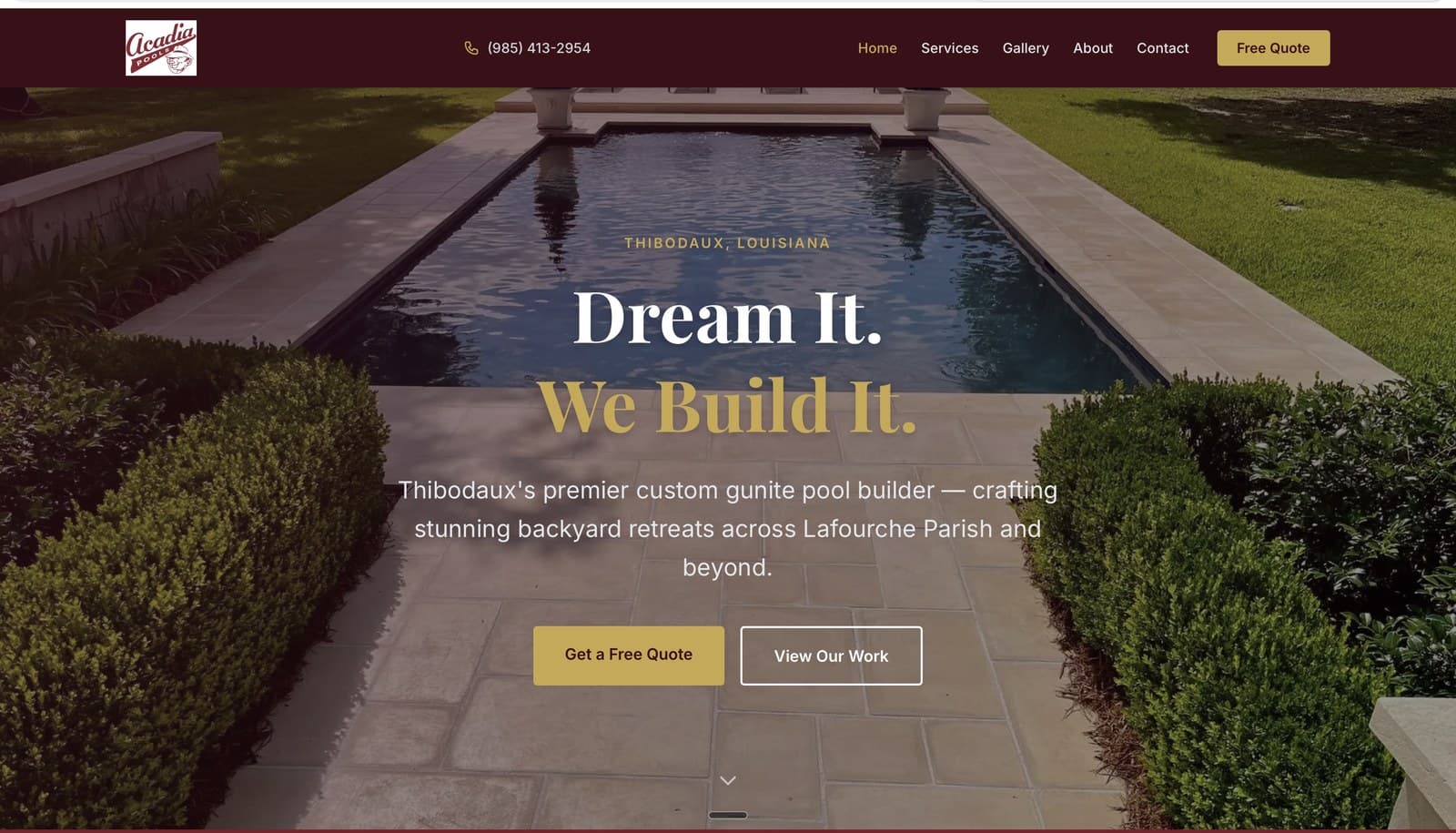Screenshot of acadiapools.com, the live Strykora-built site for Acadia Pools in Thibodaux, Louisiana.