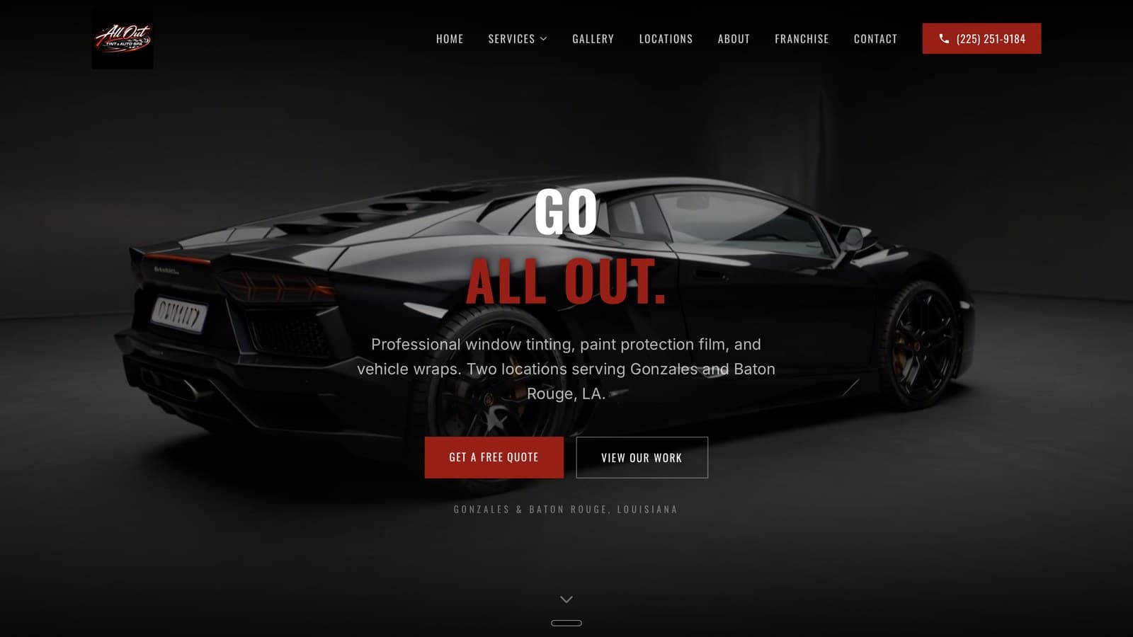 Screenshot of all-outwindowtint.com, the live Strykora-built site for All Out Window Tint serving Gonzales and Baton Rouge, Louisiana.