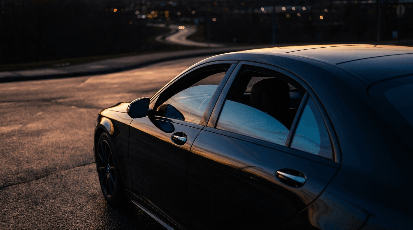 Black luxury car with heavily tinted windows at golden hour, the kind of tint installation All Out Window Tint specializes in.
