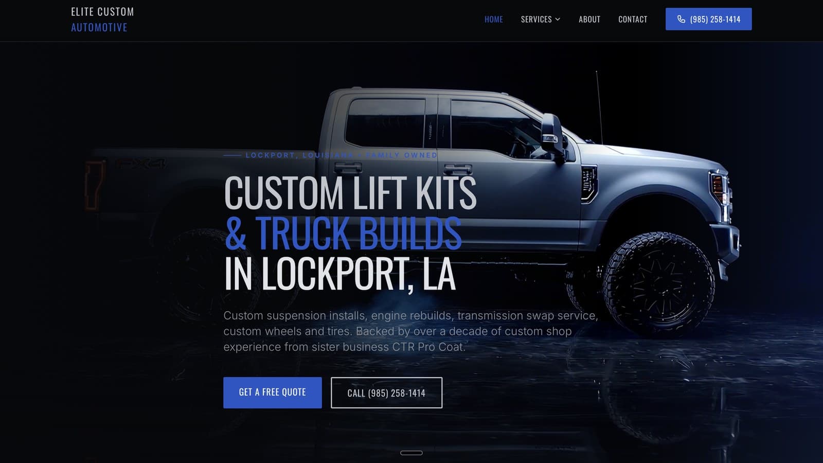 Screenshot of elitecustomauto.co, the live Strykora-built site for Elite Custom Automotive in Lockport, Louisiana.