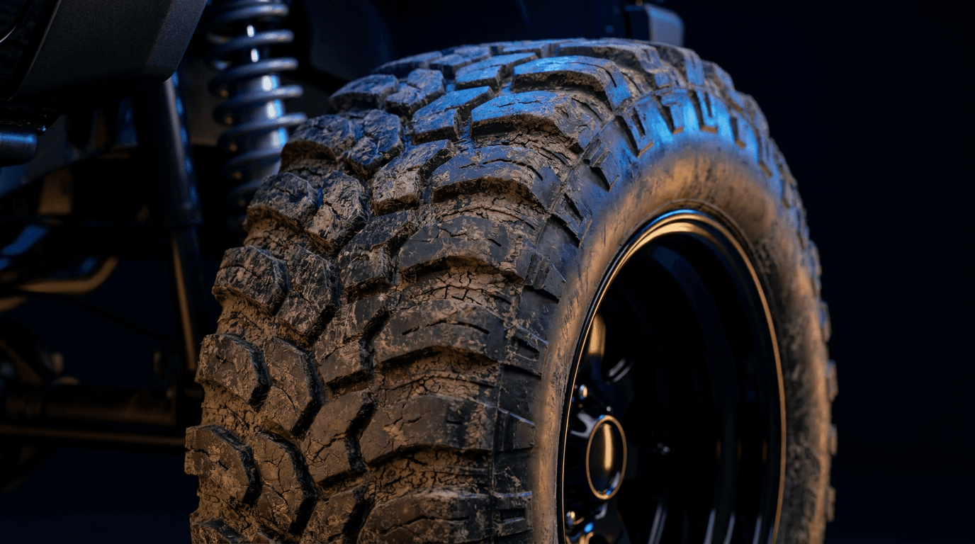 Aggressive mud-terrain tire on a lifted truck, the kind of BDS suspension build Elite Custom Automotive is known for.