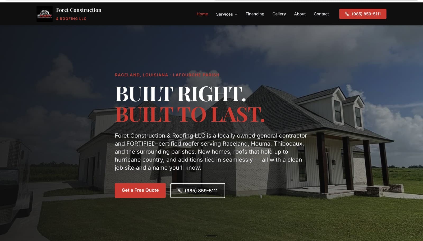 Screenshot of foretconstruction.co, the live Strykora-built site for Foret Construction & Roofing in Raceland, Louisiana.