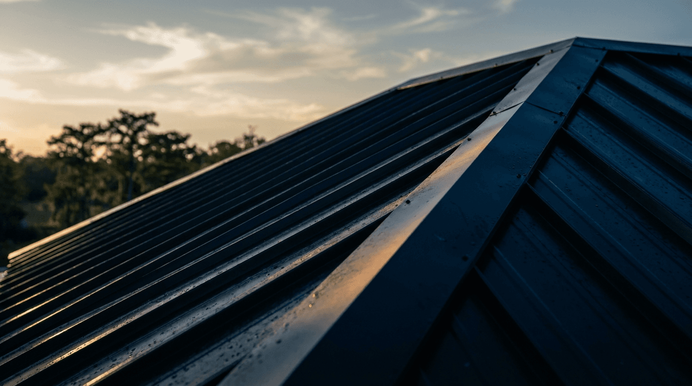 New metal roof installation at golden hour, the kind of FORTIFIED-certified work Foret Construction is built around.