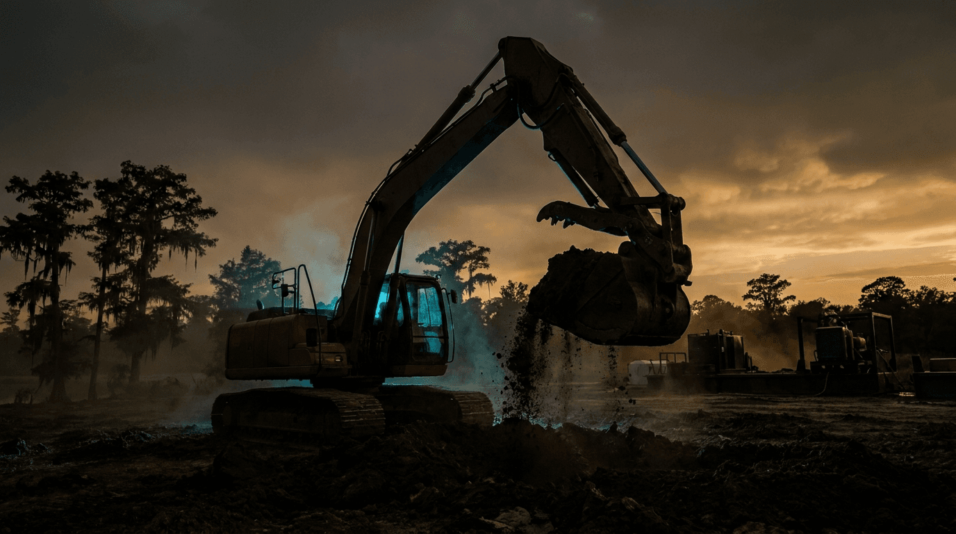 Heavy excavator at dusk on a rural Louisiana installation site, the kind of work Hover Septic delivers in Thibodaux and Lafourche Parish.