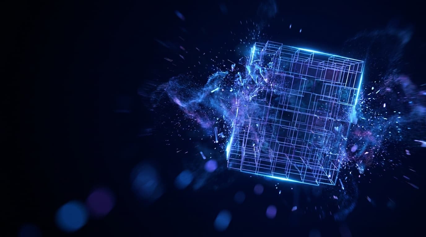 A glowing wireframe website block disintegrating into electric blue and violet particles in deep navy space, representing a templated site falling apart.