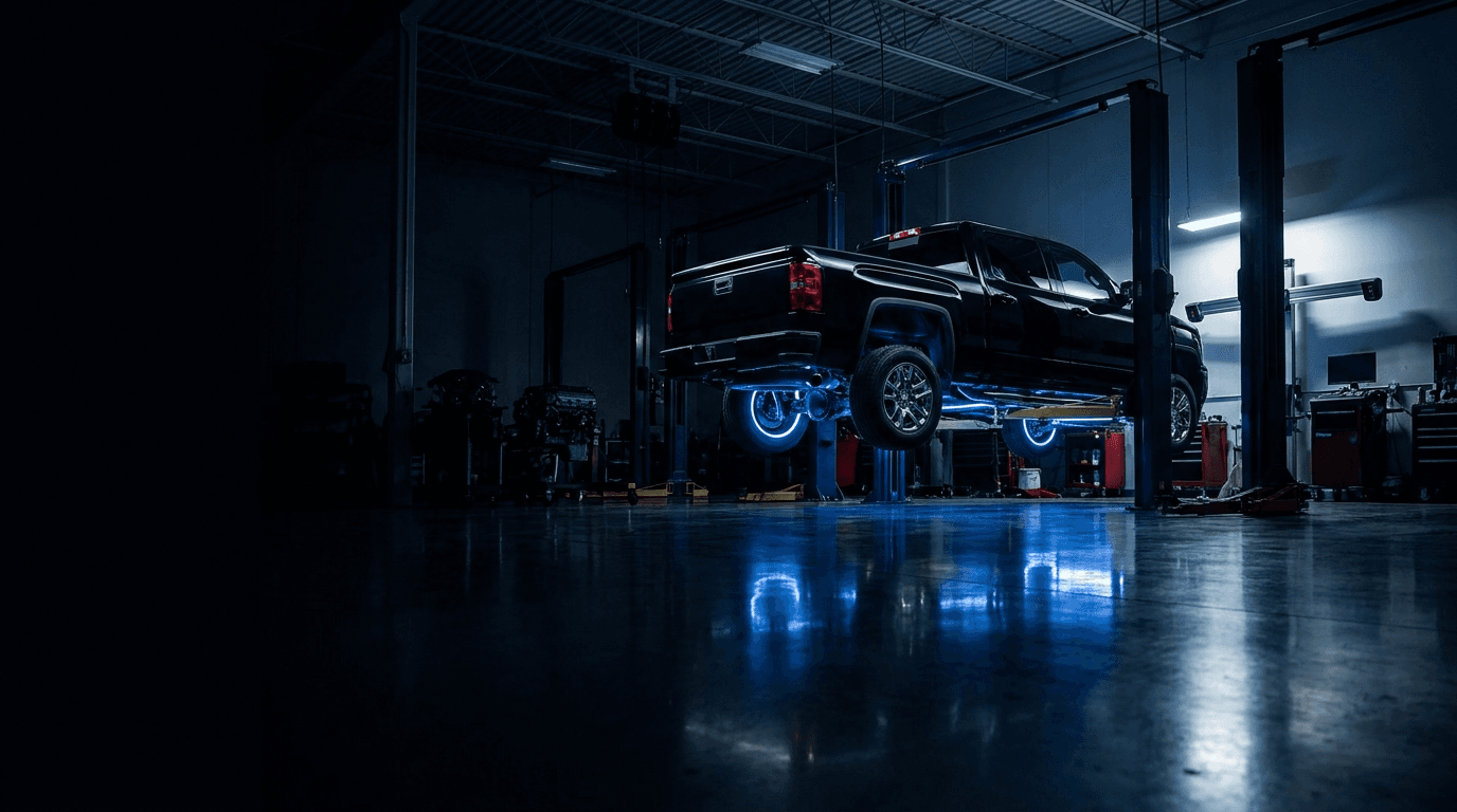Auto shop service bay with a truck on a lift under dramatic lighting, the kind of shop Strykora's auto clients run.