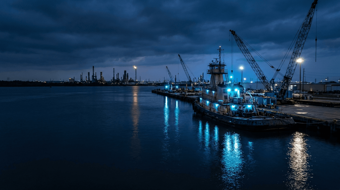 South Louisiana marine port at dusk with a tugboat moored alongside dock cranes, the kind of operator Strykora's commercial clients run.
