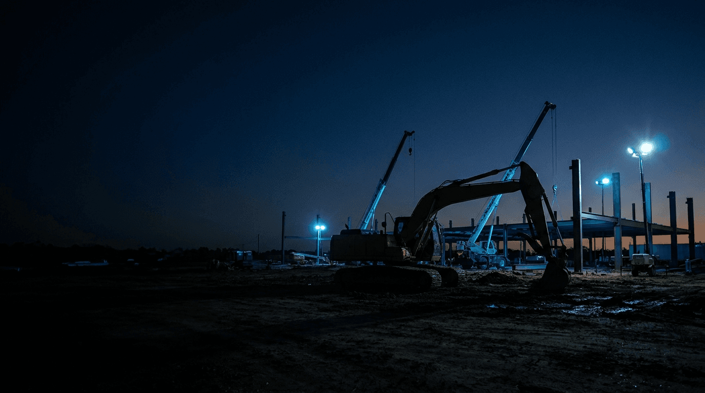 Louisiana commercial construction jobsite at dusk with excavator silhouettes, the kind of work Strykora's contractor clients run.