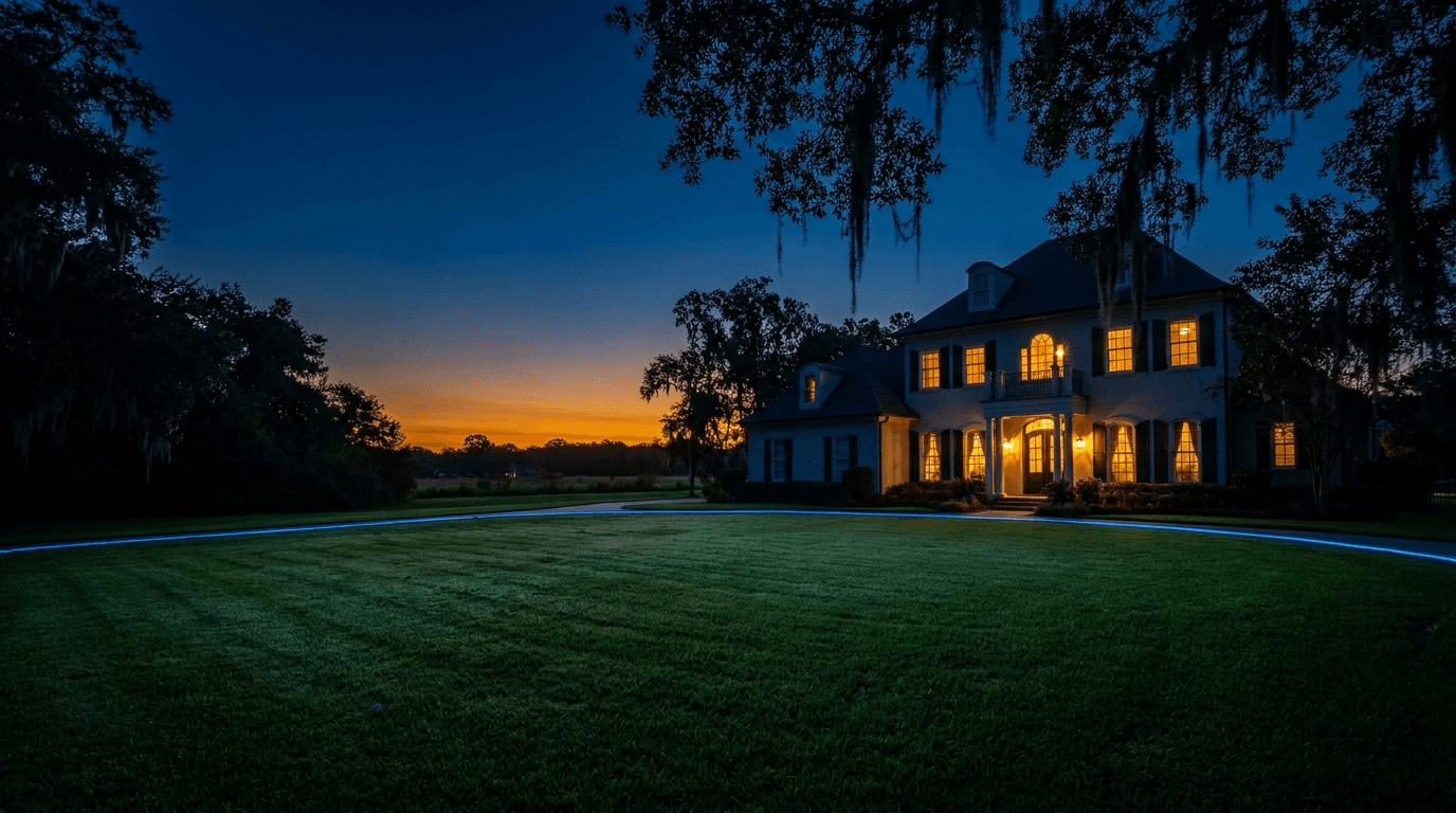 Louisiana suburban home at twilight with warm interior lights, the kind of residential property Strykora's home services clients serve.