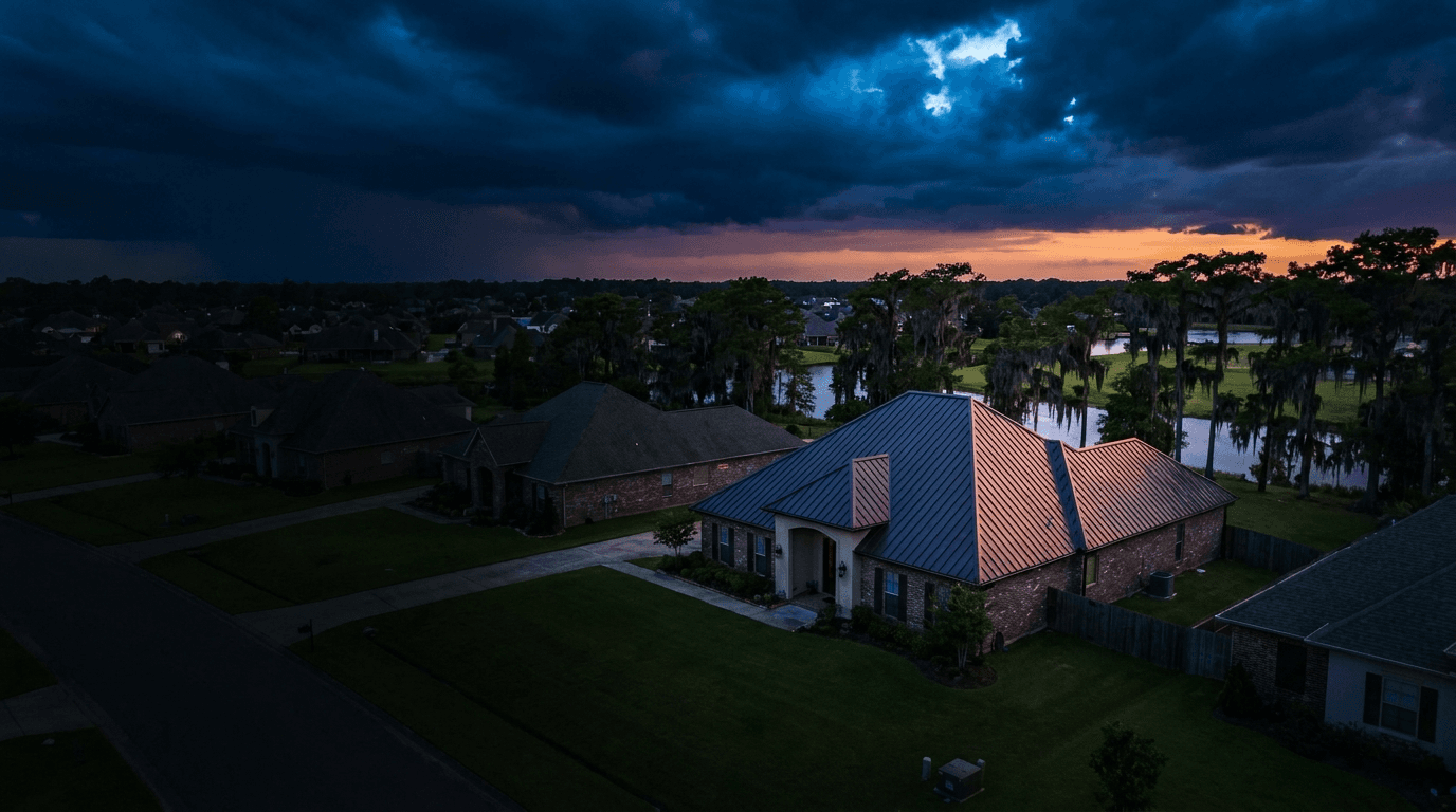 Aerial dusk view of a Louisiana home with a dark metal standing-seam roof, the kind of FORTIFIED roof Strykora's roofer clients install.