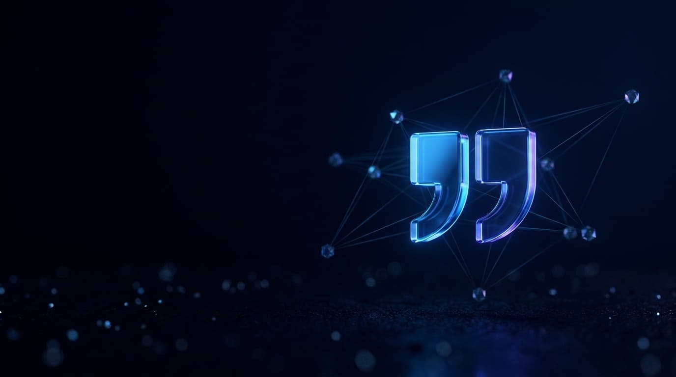 Glowing electric blue glass quotation mark icon floating in deep navy space surrounded by a constellation of satellite nodes connected by geometric threads, representing AI search citation for Louisiana businesses inside ChatGPT and Perplexity answers.