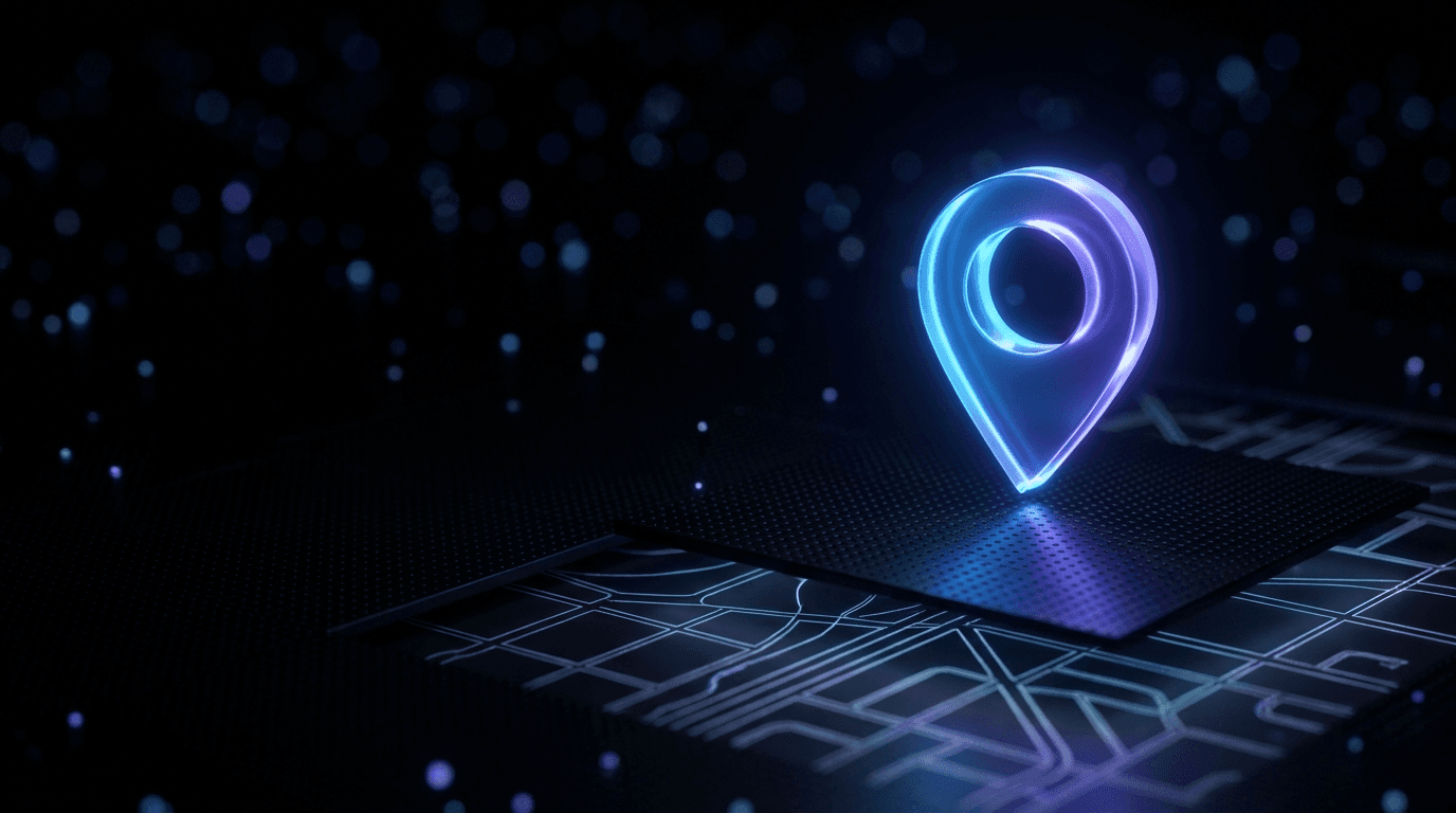 Glowing 3D map pin over a digital city grid, representing Google Business Profile optimization for the local pack.
