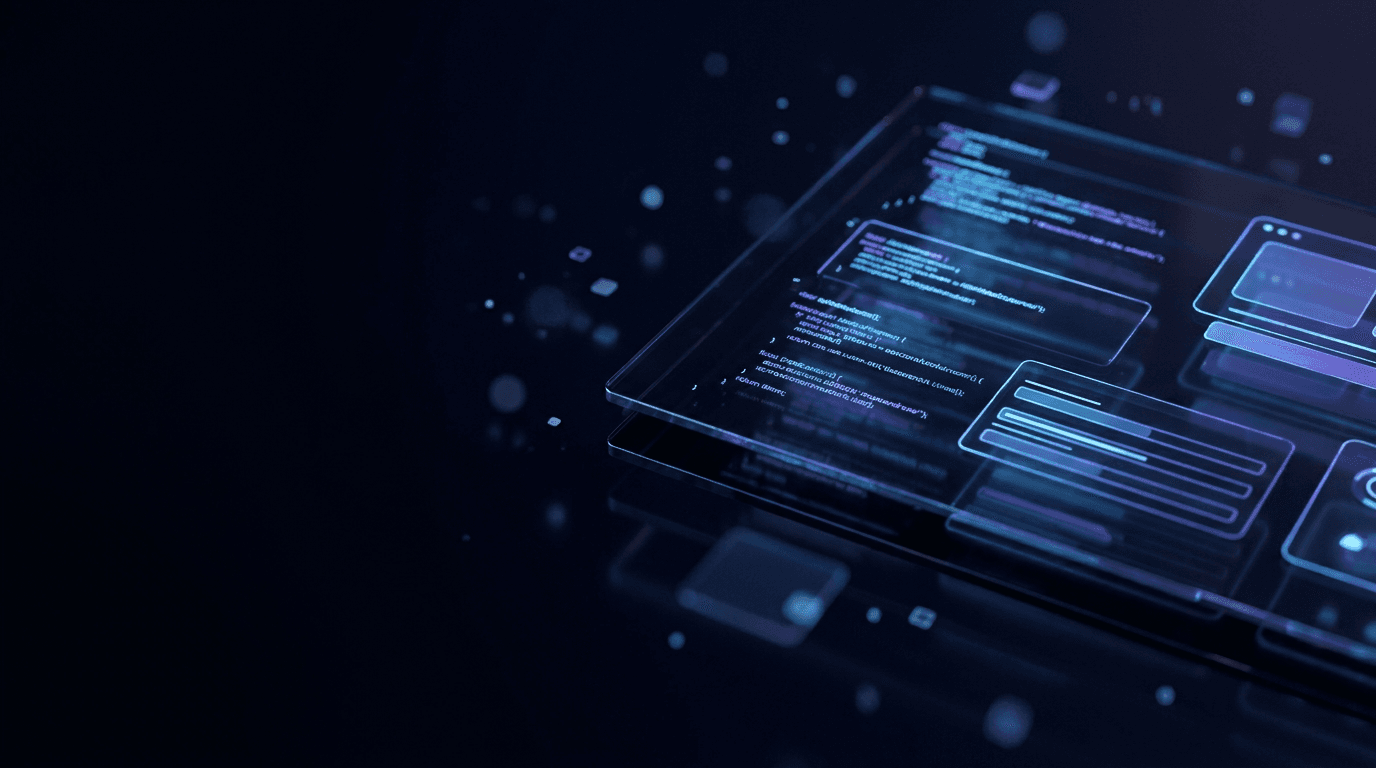 Abstract glowing code editor and UI components on glass, the kind of custom-built web design Strykora ships.